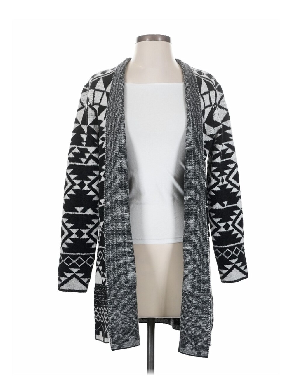 FRYE Black White Gray Geometric Aztec Open Front Cardigan Long Sweater Small